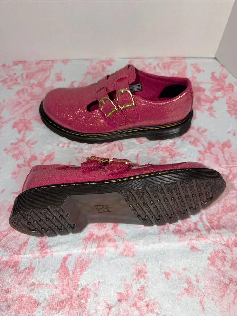 Dr. Martens Kids Glitter Mary Jane Shoes in Hot Pink